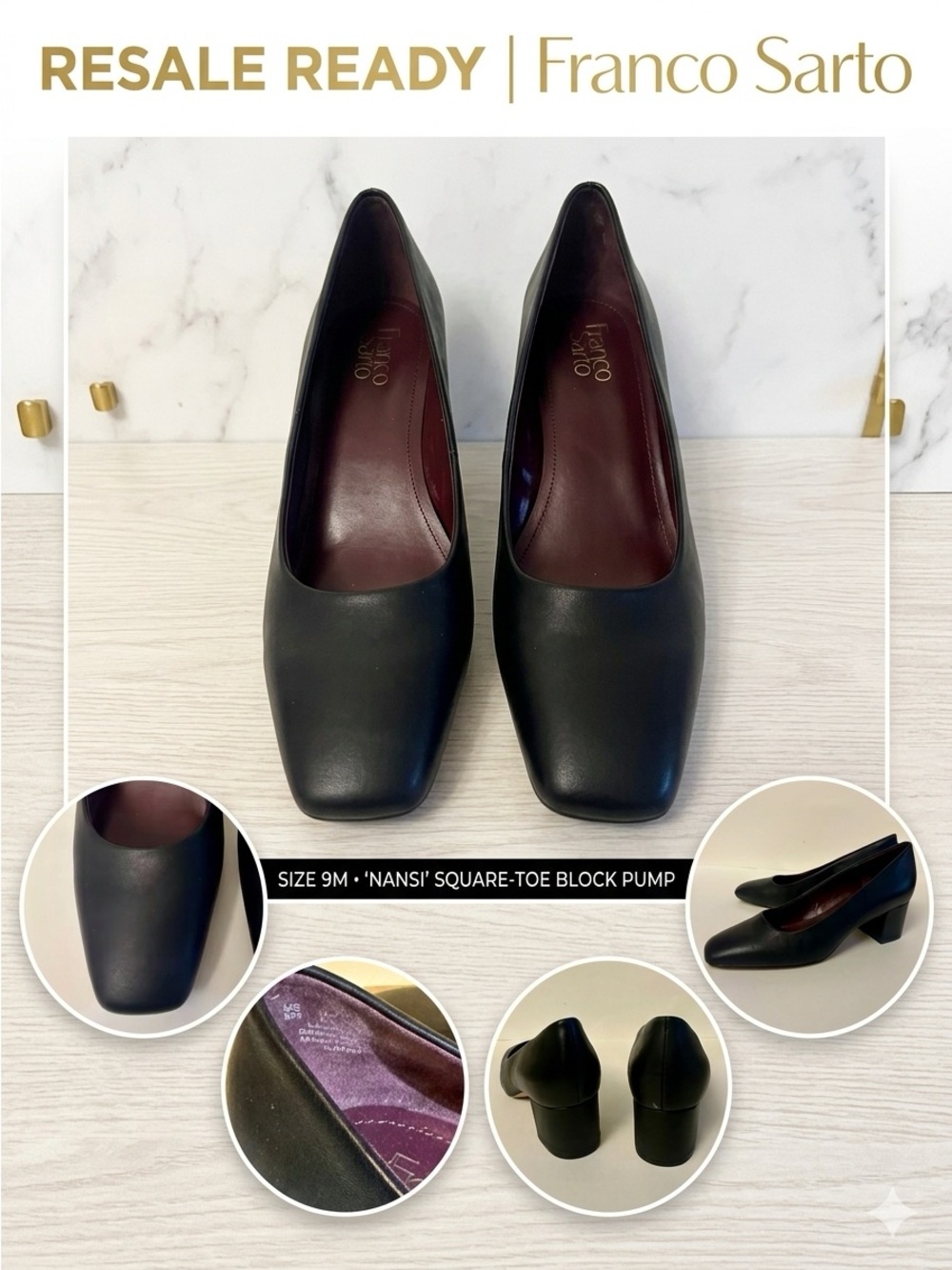 Franco Sarto Black Square-Toe Block Heel Pumps 9M